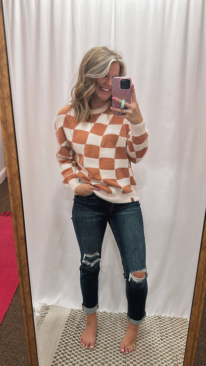 Fuzzy Checkered Crew Sweater Simply Southern