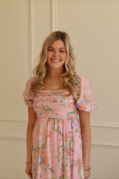 Pink Katie Floral Pleated Midi Dress