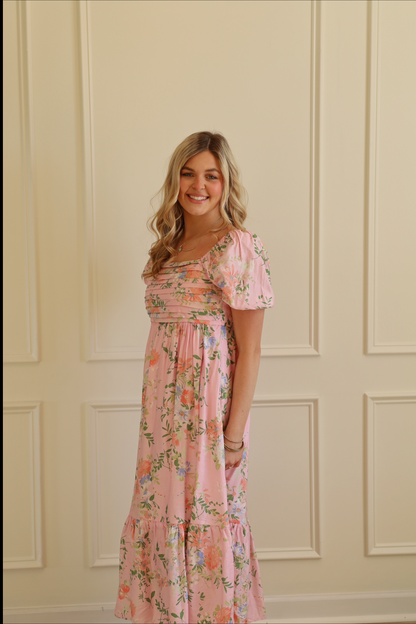 Pink Katie Floral Pleated Midi Dress