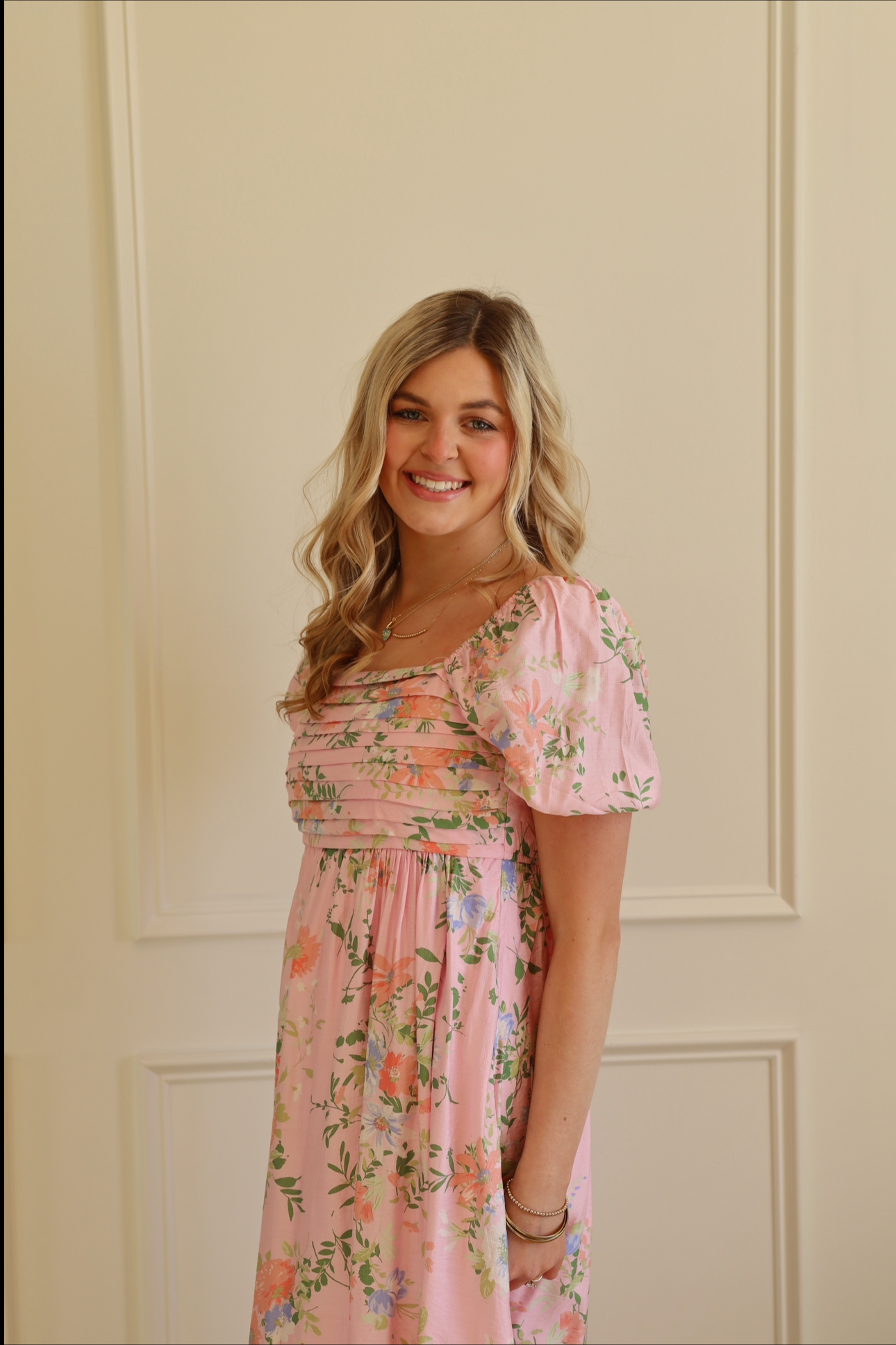 Pink Katie Floral Pleated Midi Dress
