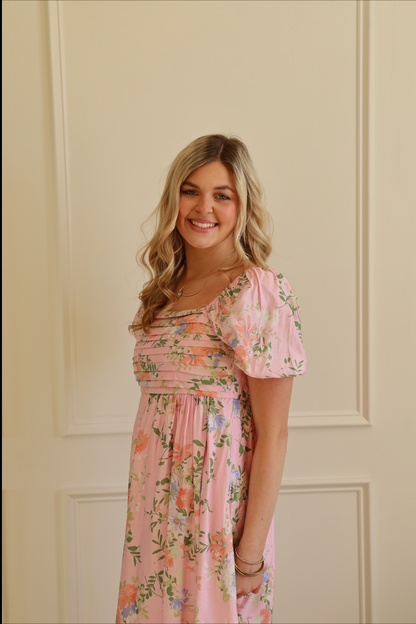 Pink Katie Floral Pleated Midi Dress