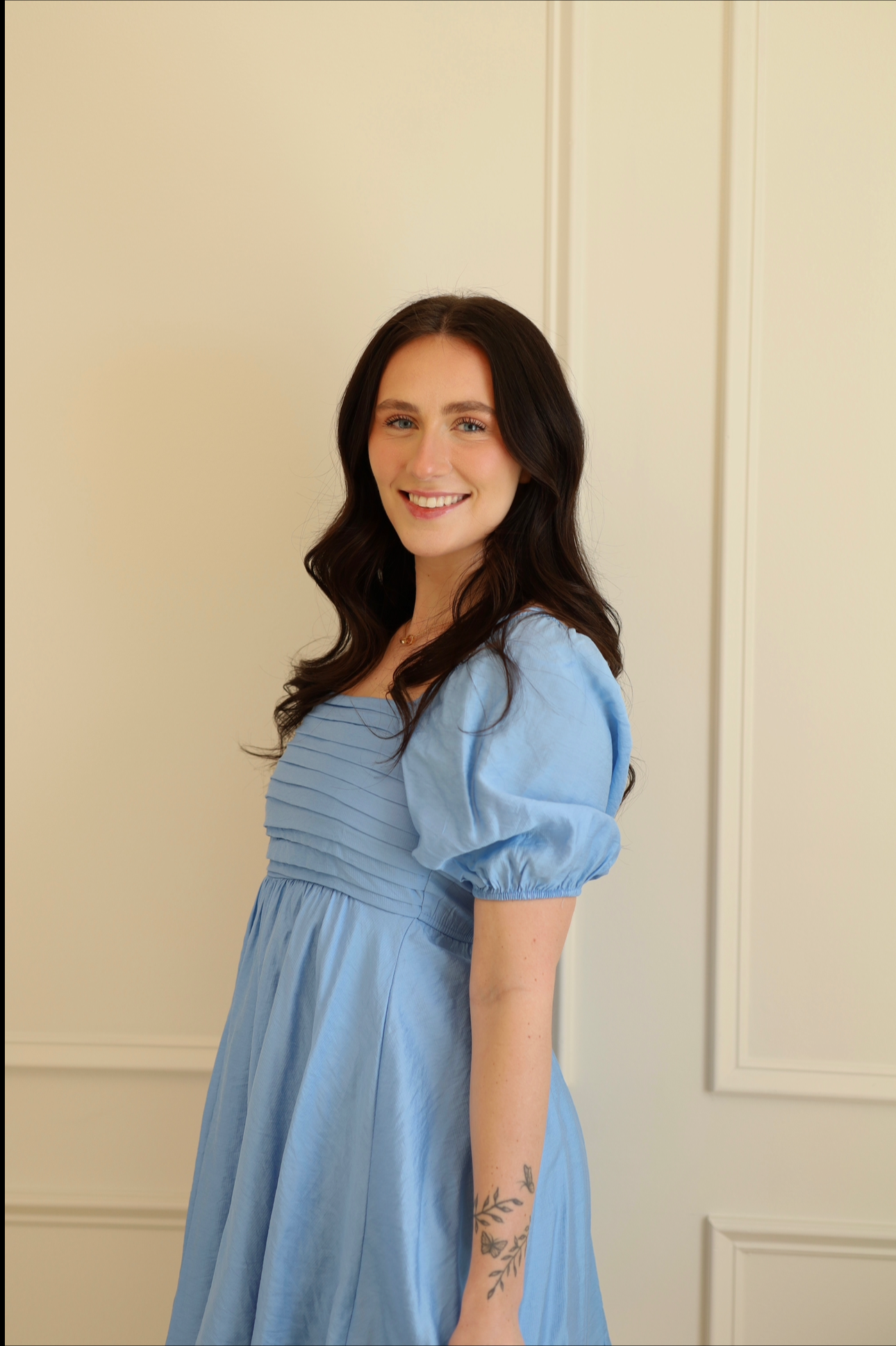 Paige Pleated Puff Sleeve Dress - BLU