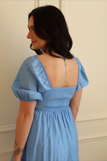Paige Pleated Puff Sleeve Dress - BLU