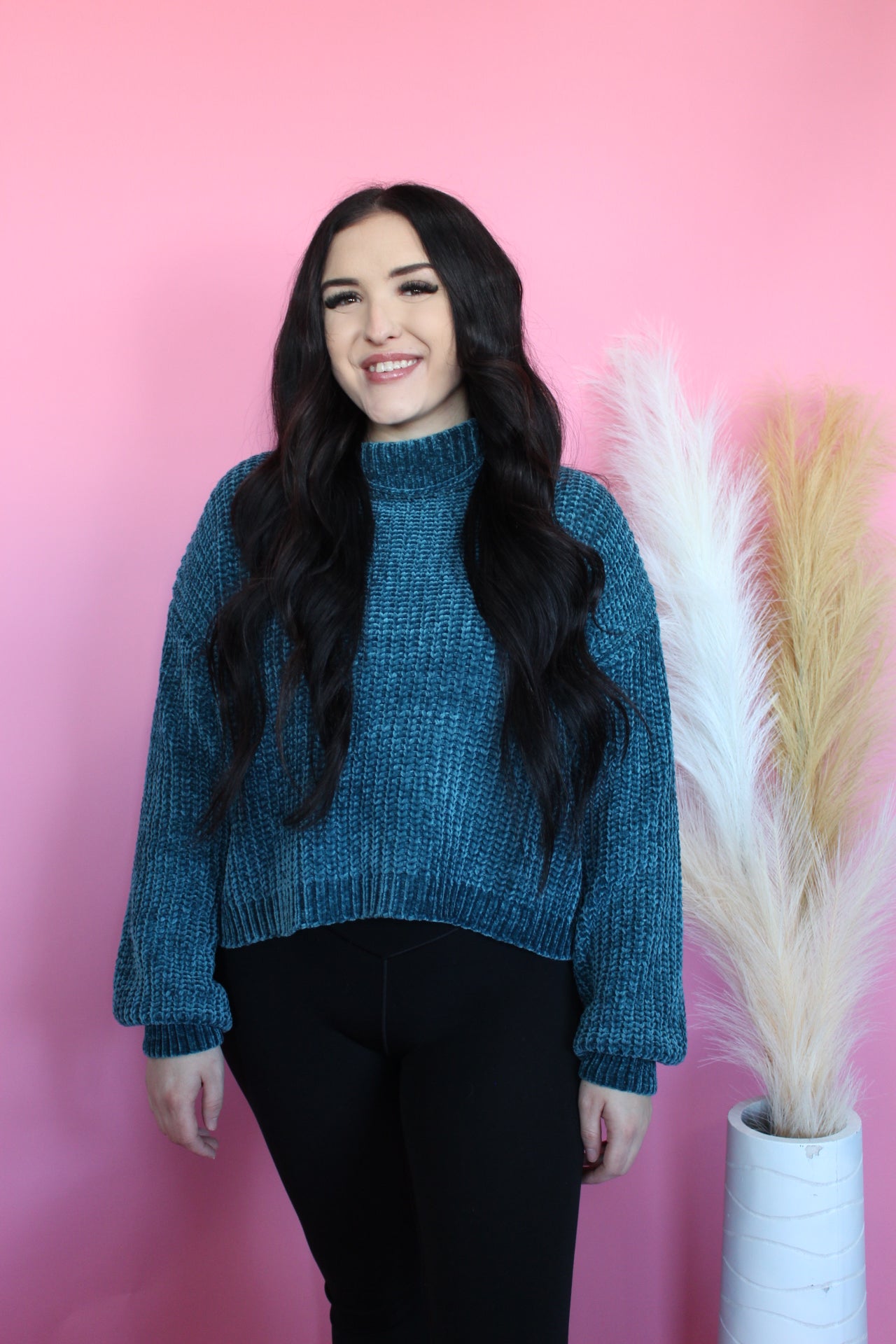 Oversized Mock Neck Chenille Sweater - DKGRN