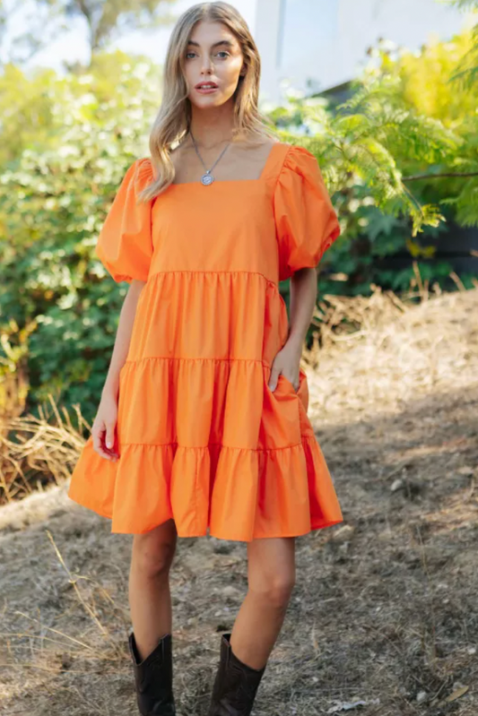 Katie Puff Sleeve Tiered Dress - Orange