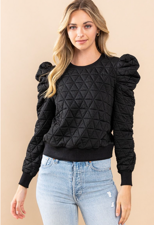 Heather Quilted Puff Sleeve Top - Black