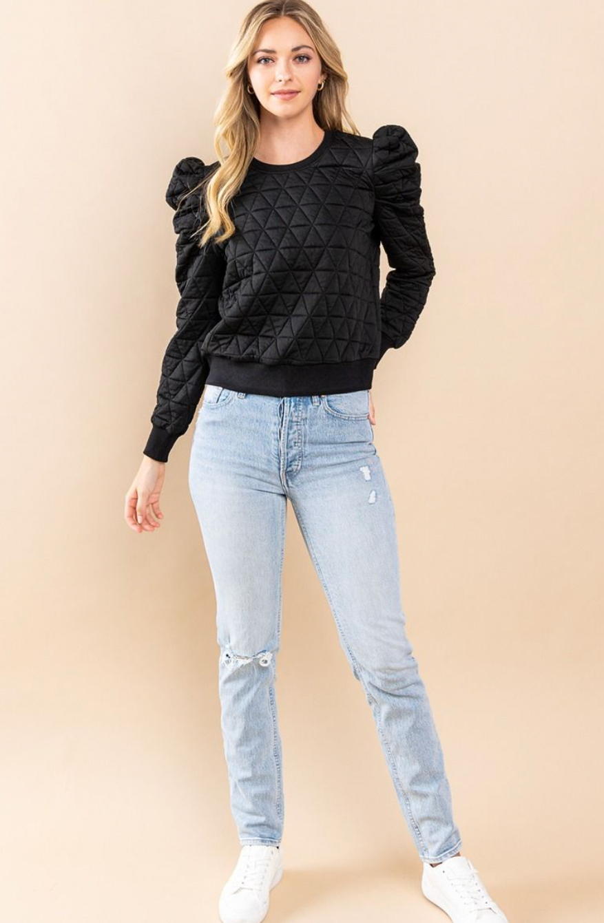 Heather Quilted Puff Sleeve Top - Black