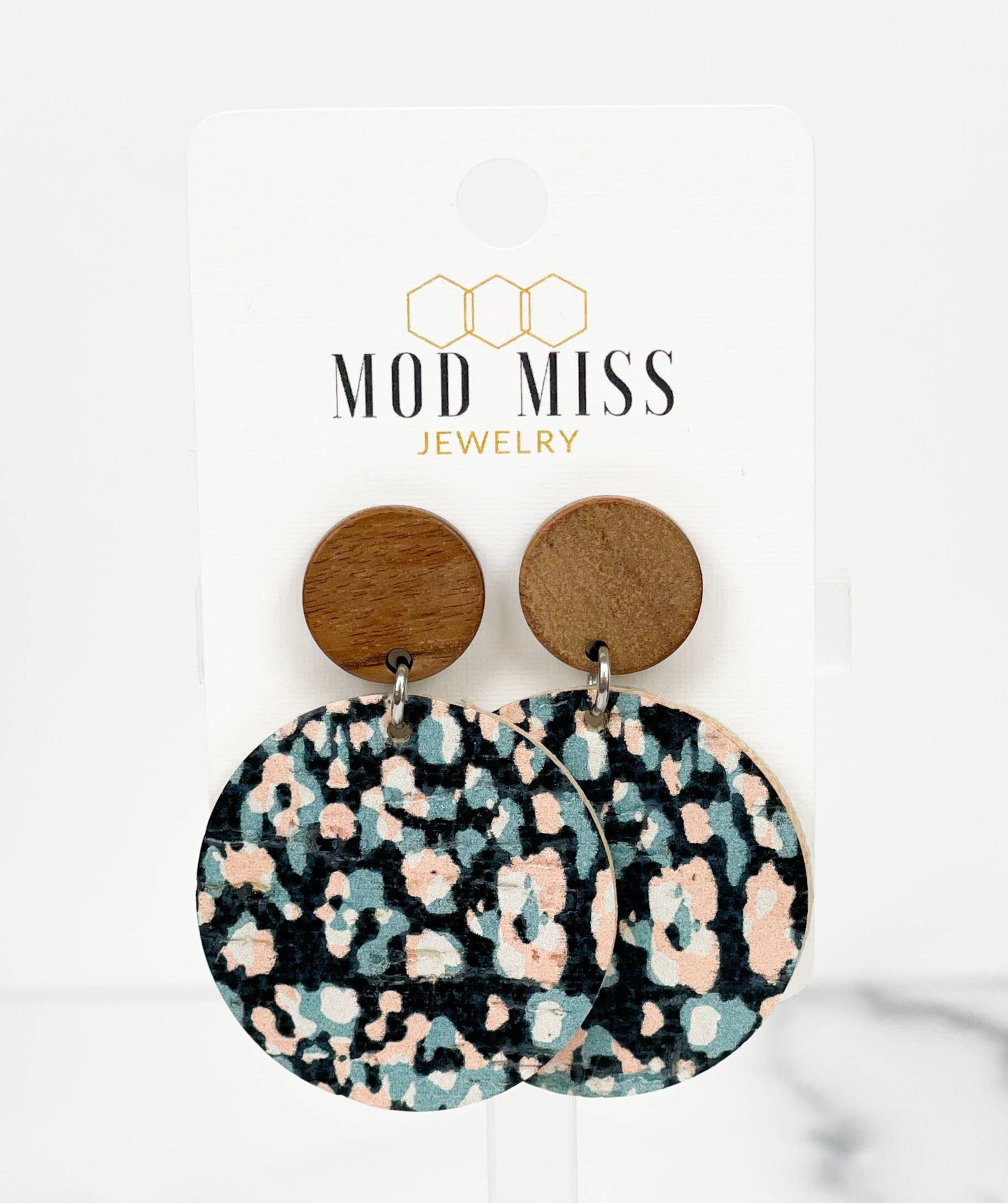 Leather Round Earrings With Wood Stud - Leopard Bazaar