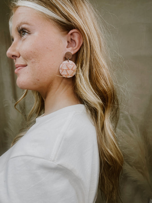 Leather Round Earrings With Wood Stud- Aztec