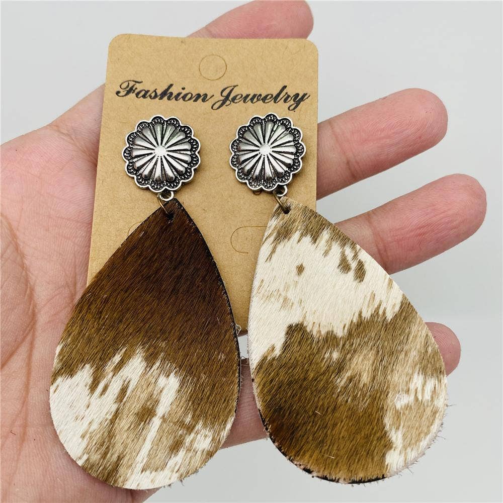 Cow Print Leather Earrings - Brown