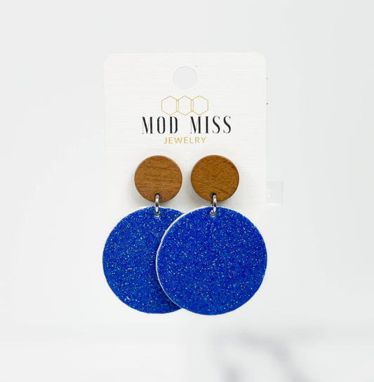 Leather Round Earrings With Wood Stud - Fine Glitter KY Blue