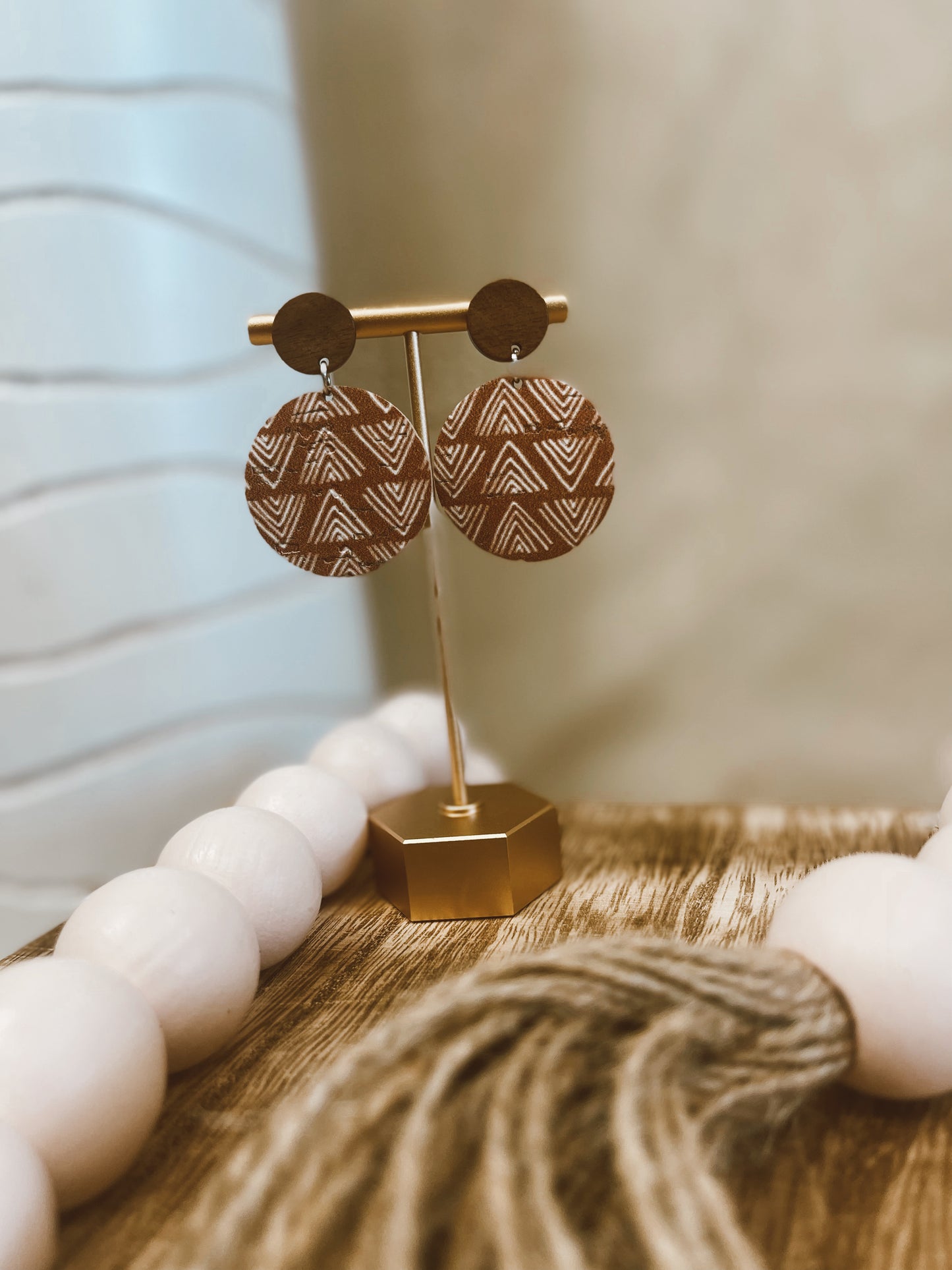 Leather Round Earrings With Wood Stud- Aztec
