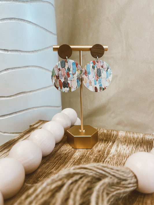 Leather Round Earrings With Wood Stud- Boho Confetti