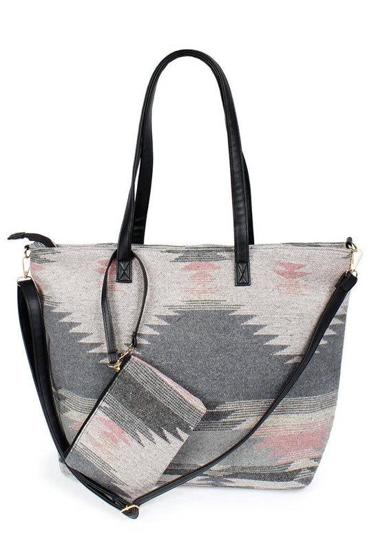 Western Weekend Tote Bag with Pouch -Grey/Blue