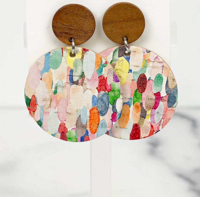 Leather Round Earrings With Wood Stud- Boho Confetti