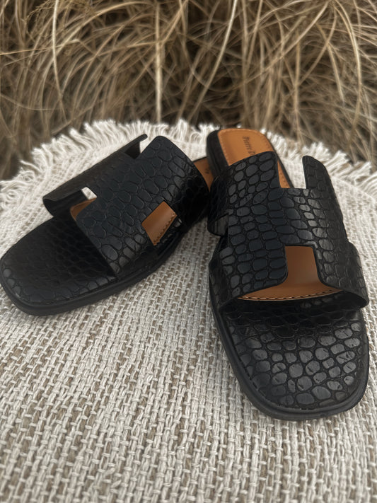 Casey Black Croco Sandals