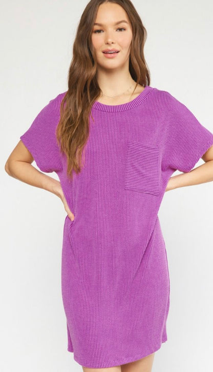 Purple Ribbed Pocket Tshirt Dress